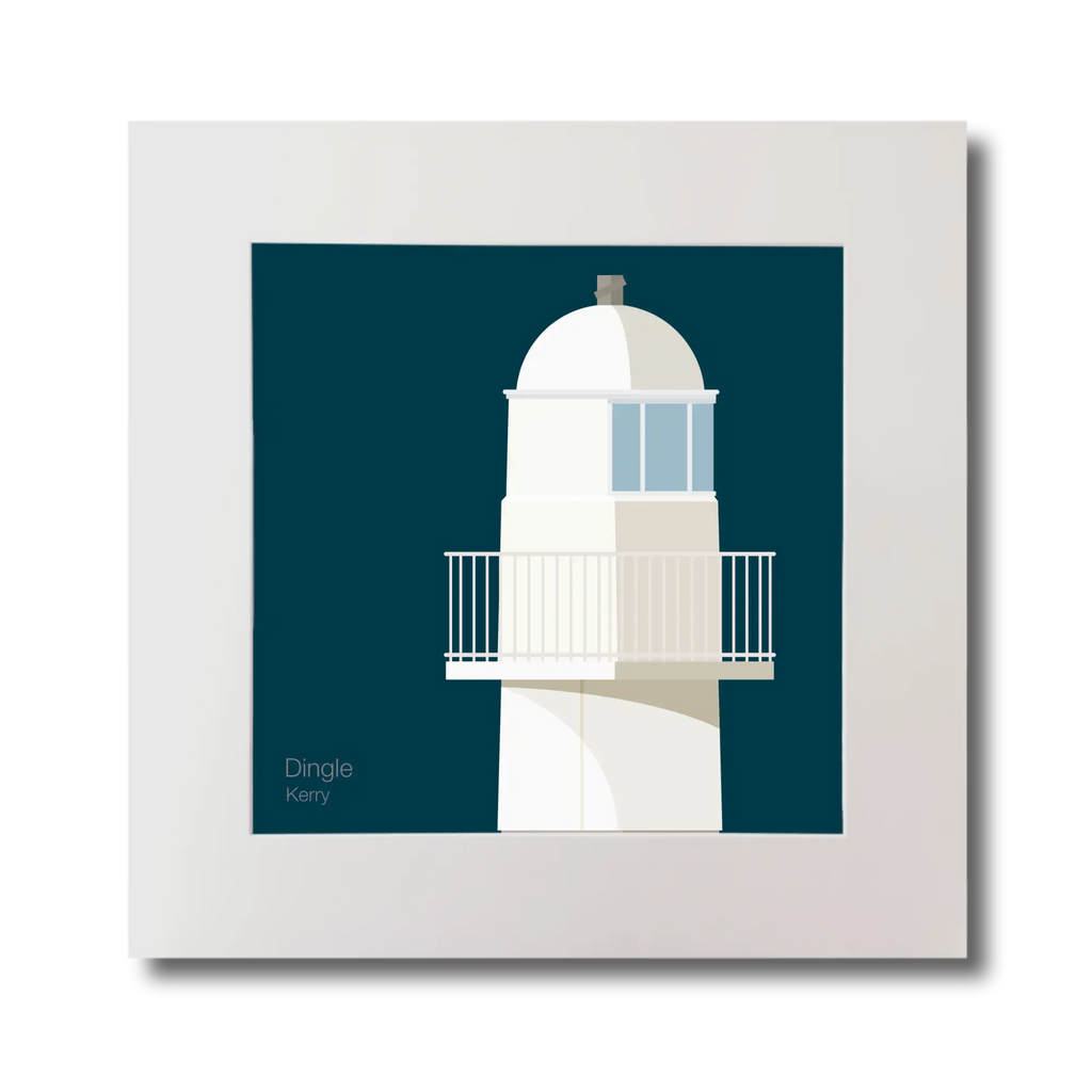 Illustration of Dingle lighthouse on a midnight blue background, mounted and measuring 30x30cm.