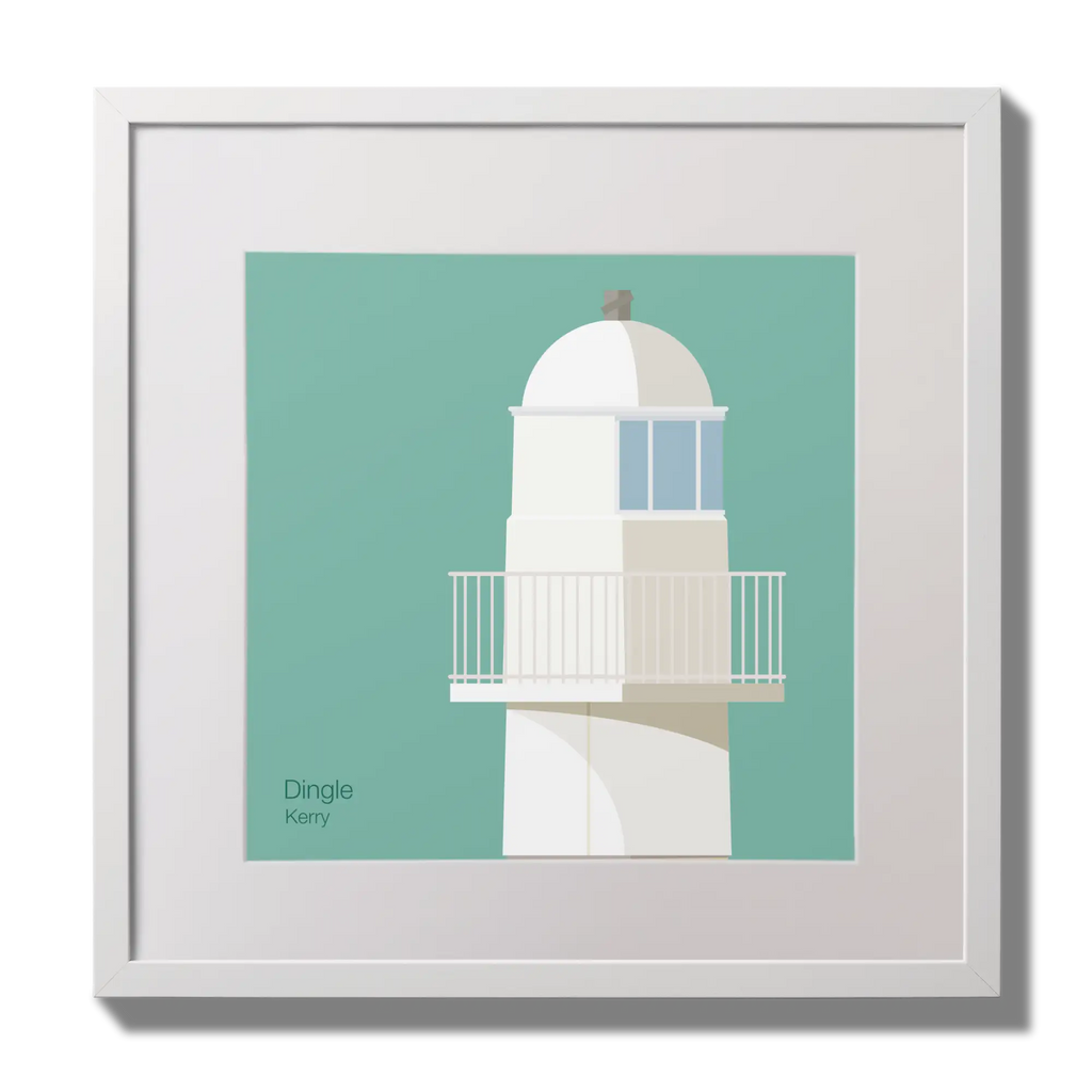 Illustration of Dingle lighthouse on an ocean green background,  in a white square frame measuring 30x30cm.