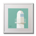 Illustration of Dingle lighthouse on an ocean green background,  in a white square frame measuring 30x30cm.