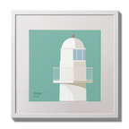 Illustration of Dingle lighthouse on an ocean green background,  in a white square frame measuring 30x30cm.