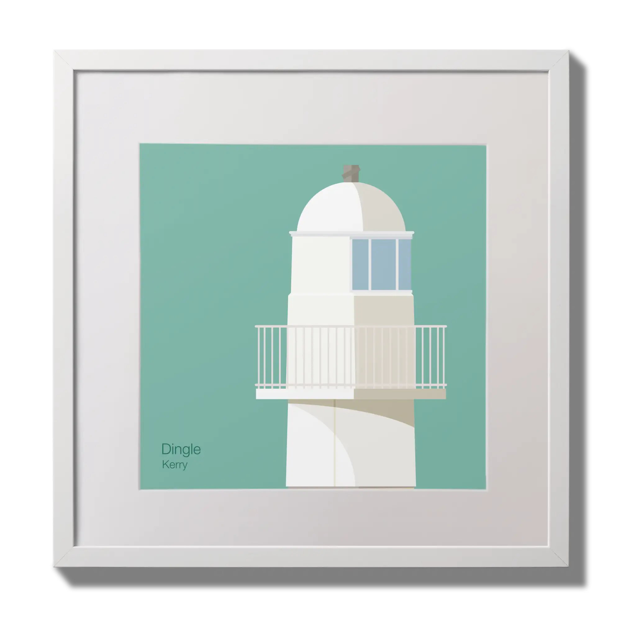 Illustration of Dingle lighthouse on an ocean green background,  in a white square frame measuring 30x30cm.