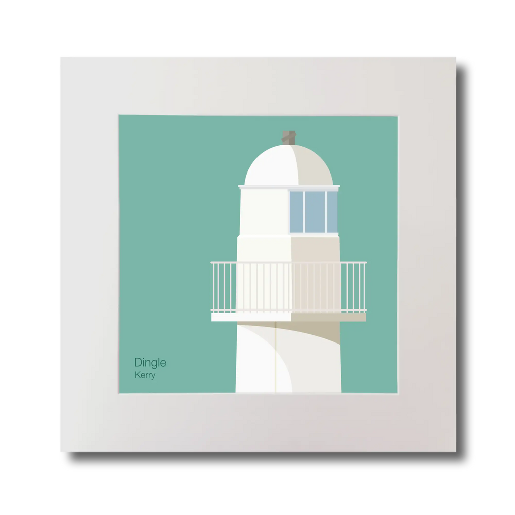 Illustration of Dingle lighthouse on an ocean green background, mounted and measuring 30x30cm.