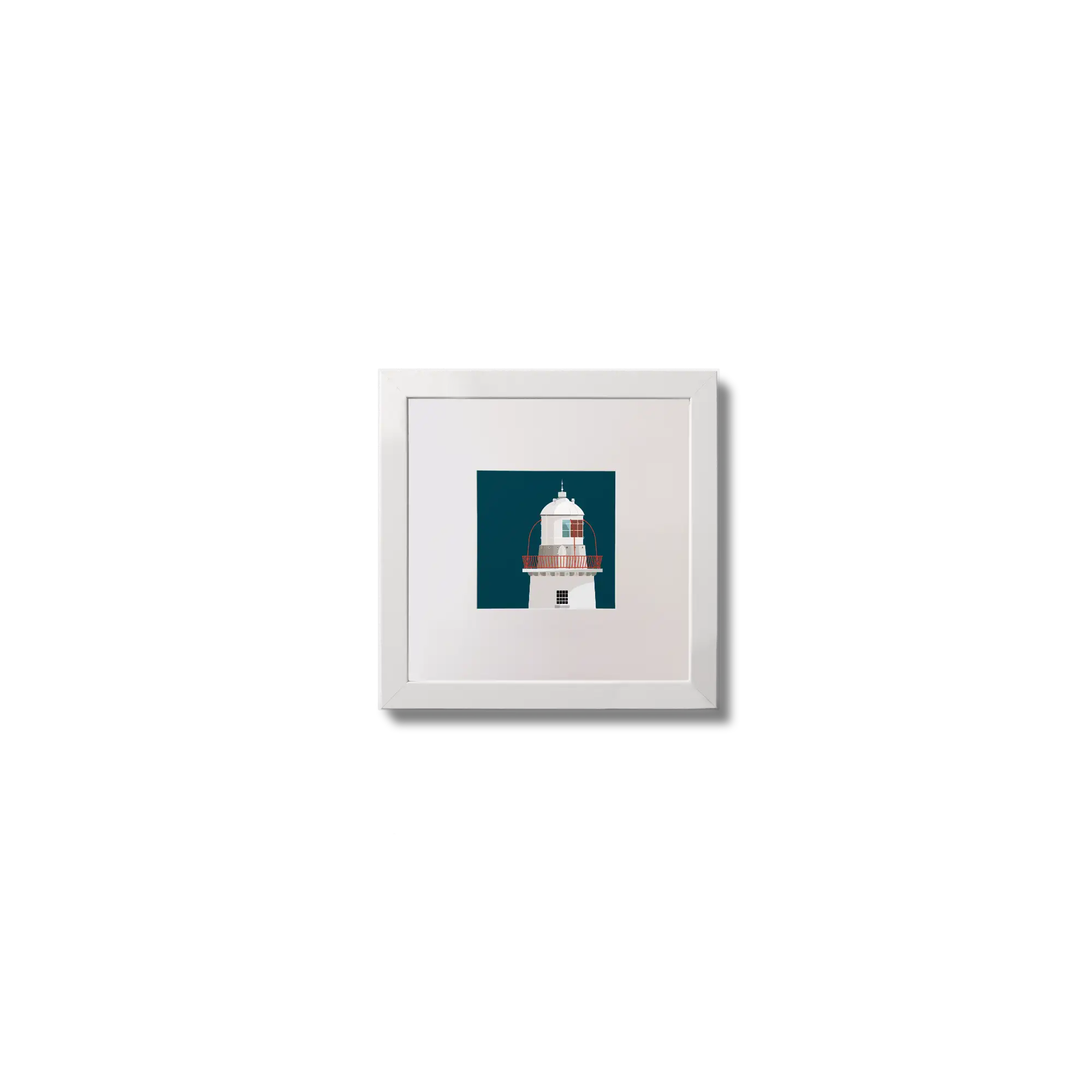 Illustration of Crookhaven lighthouse on a midnight blue background,  in a white square frame measuring 10x10cm.