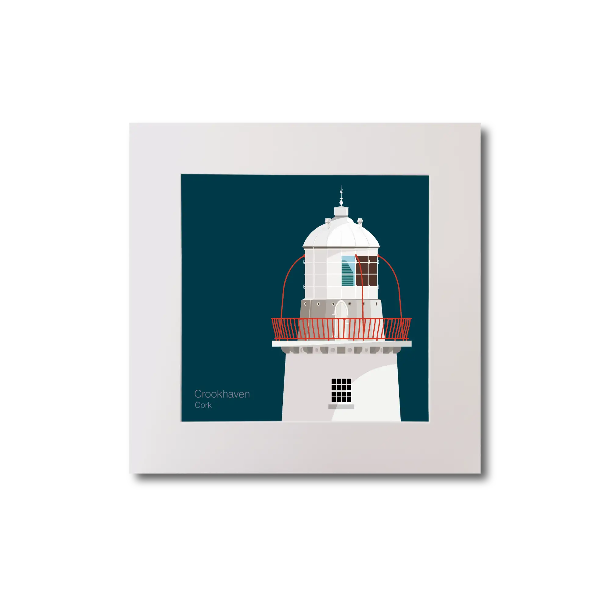 Illustration of Crookhaven lighthouse on a midnight blue background, mounted and measuring 20x20cm.