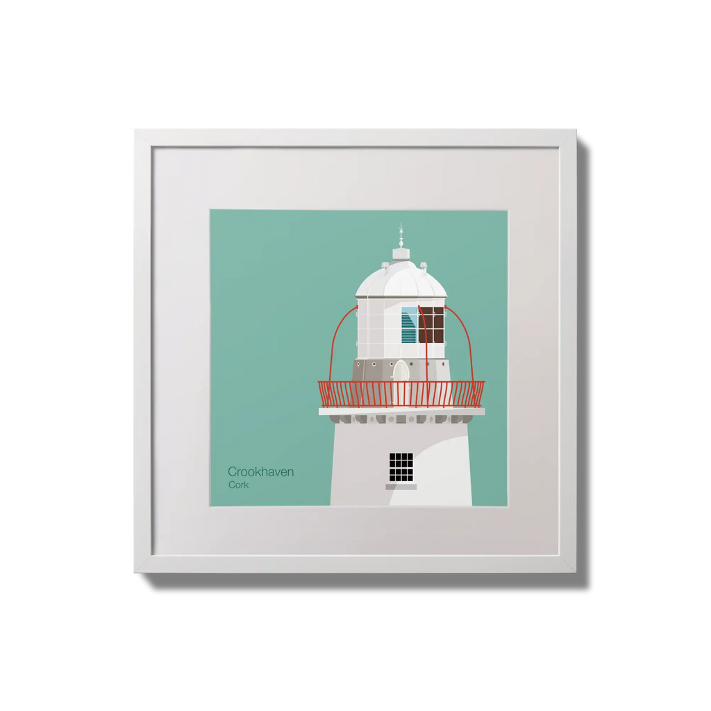 Illustration of Crookhaven lighthouse on an ocean green background,  in a white square frame measuring 20x20cm.