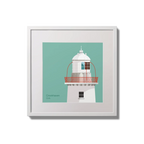 Illustration of Crookhaven lighthouse on an ocean green background,  in a white square frame measuring 20x20cm.