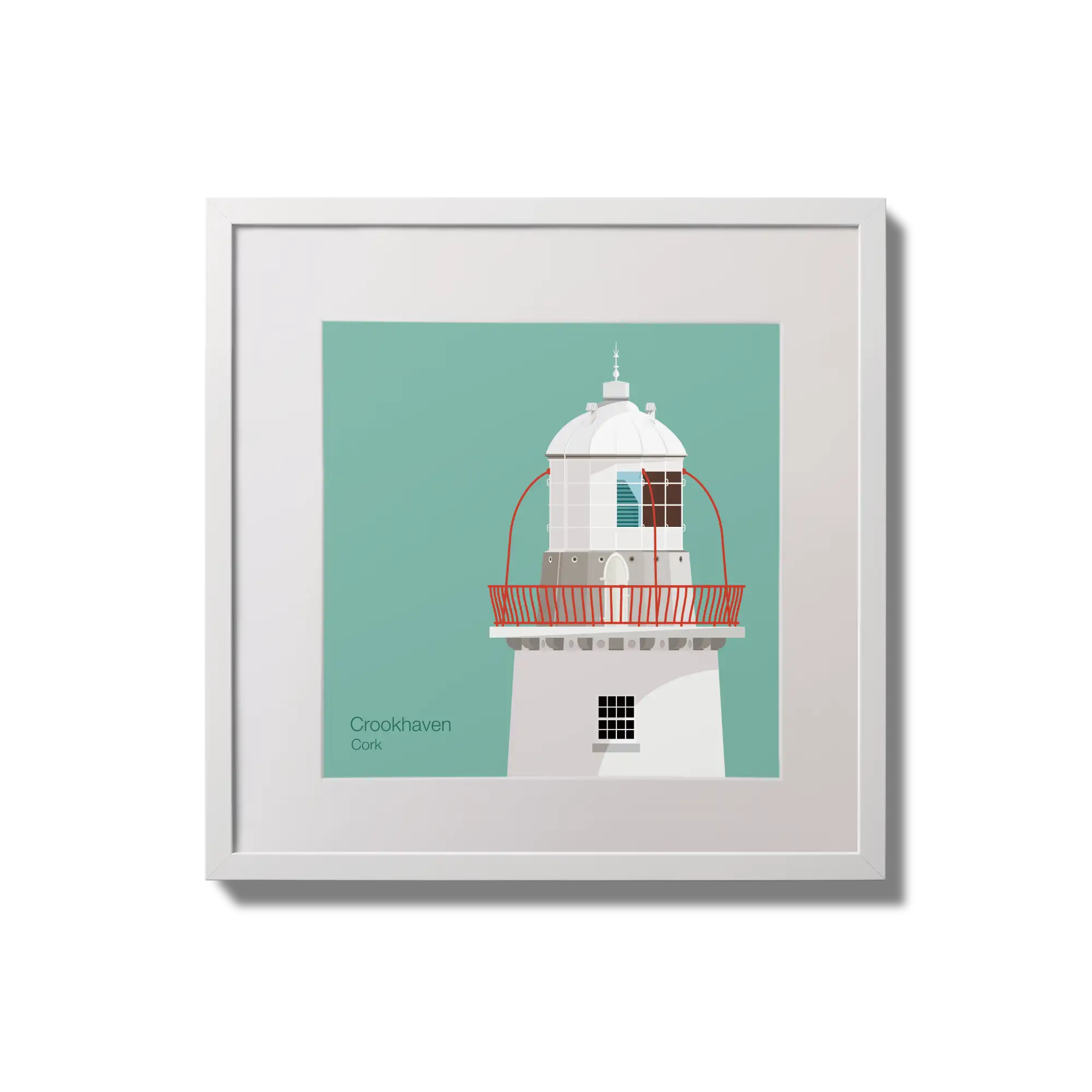 Illustration of Crookhaven lighthouse on an ocean green background,  in a white square frame measuring 20x20cm.