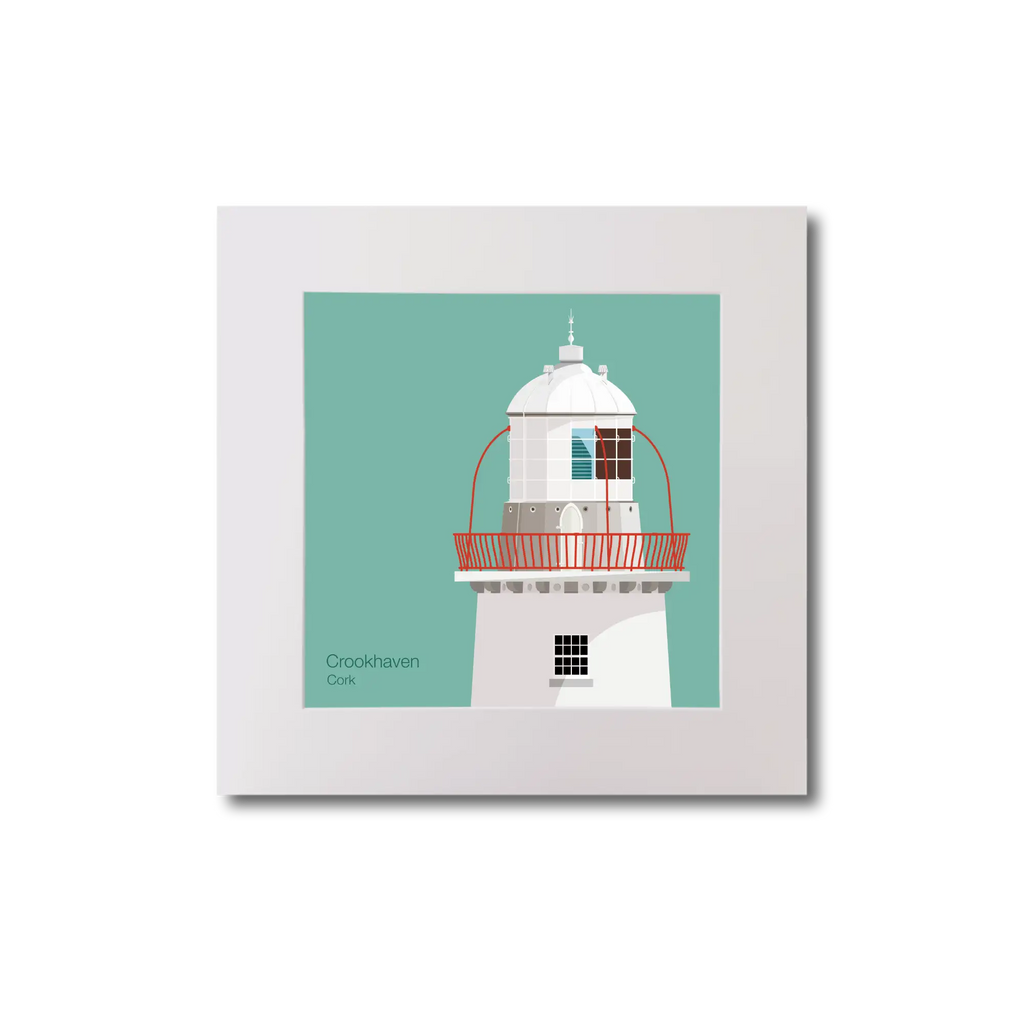 Illustration of Crookhaven lighthouse on an ocean green background, mounted and measuring 20x20cm.