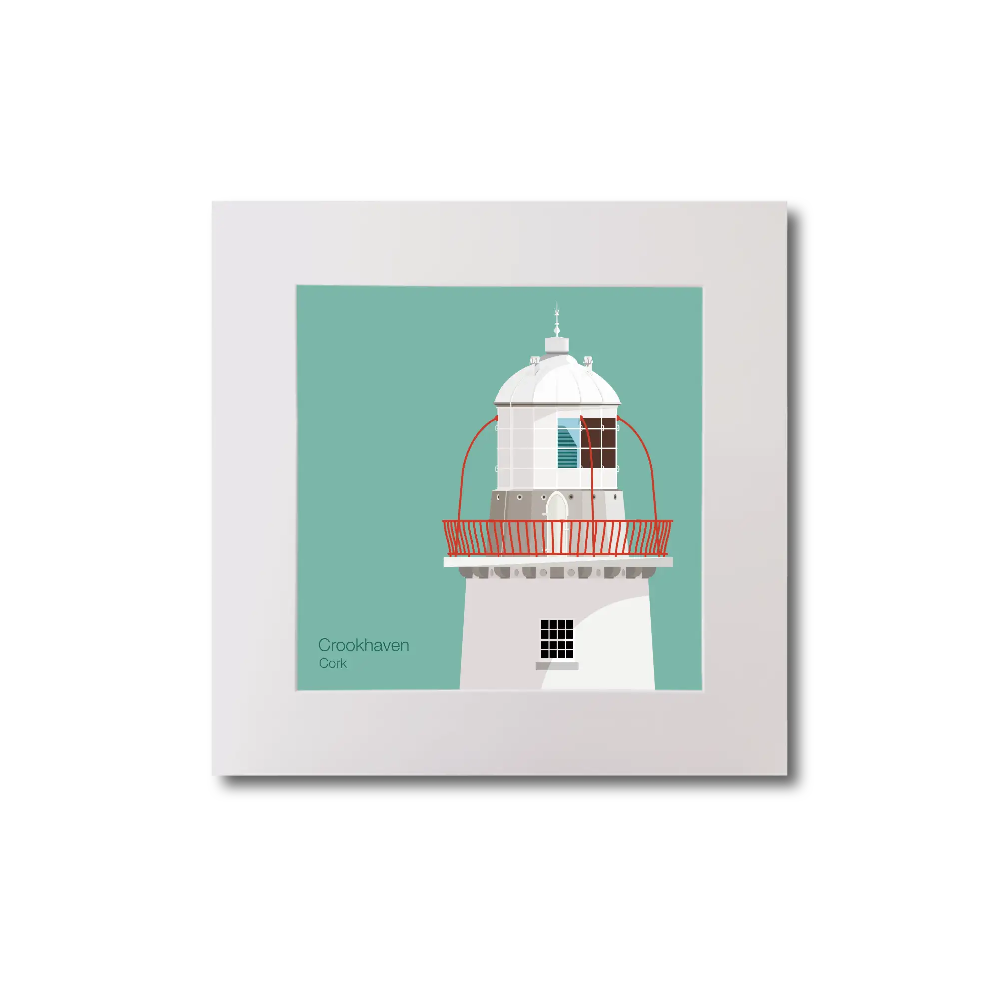 Illustration of Crookhaven lighthouse on an ocean green background, mounted and measuring 20x20cm.