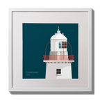 Illustration of Crookhaven lighthouse on a midnight blue background,  in a white square frame measuring 30x30cm.