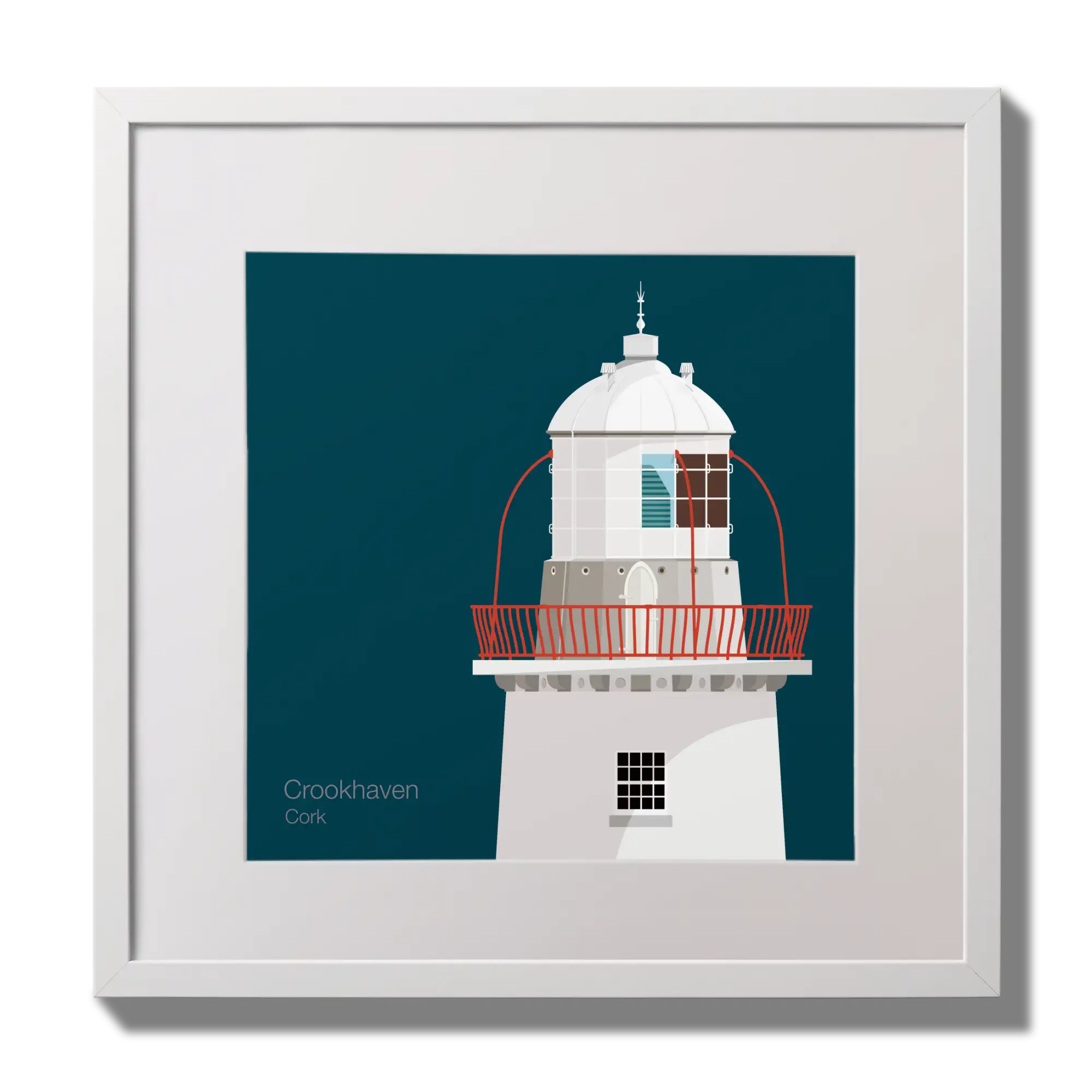 Illustration of Crookhaven lighthouse on a midnight blue background,  in a white square frame measuring 30x30cm.
