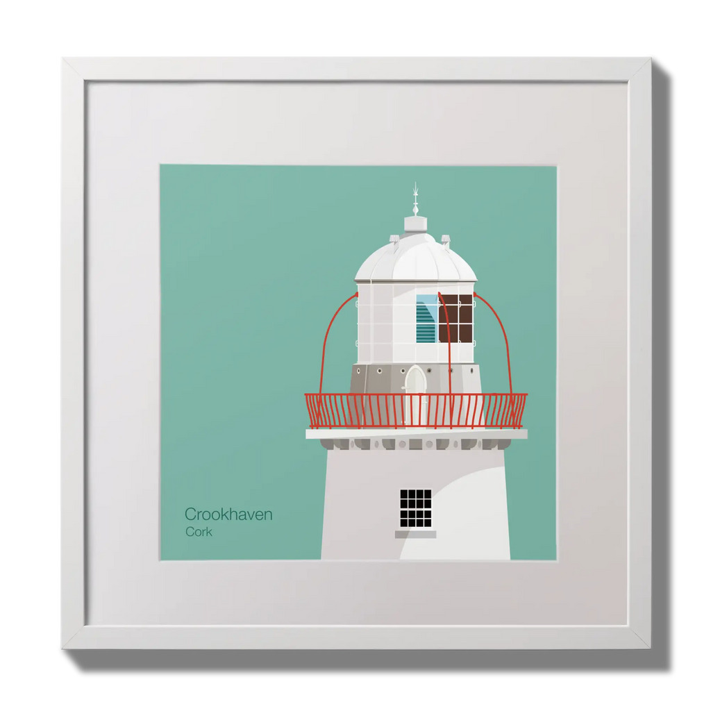 Illustration of Crookhaven lighthouse on an ocean green background,  in a white square frame measuring 30x30cm.