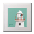 Illustration of Crookhaven lighthouse on an ocean green background,  in a white square frame measuring 30x30cm.