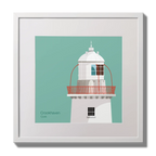 Illustration of Crookhaven lighthouse on an ocean green background,  in a white square frame measuring 30x30cm.