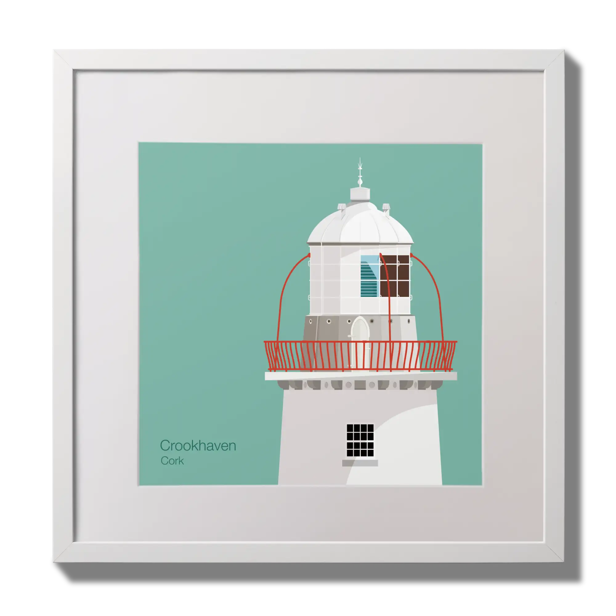Illustration of Crookhaven lighthouse on an ocean green background,  in a white square frame measuring 30x30cm.
