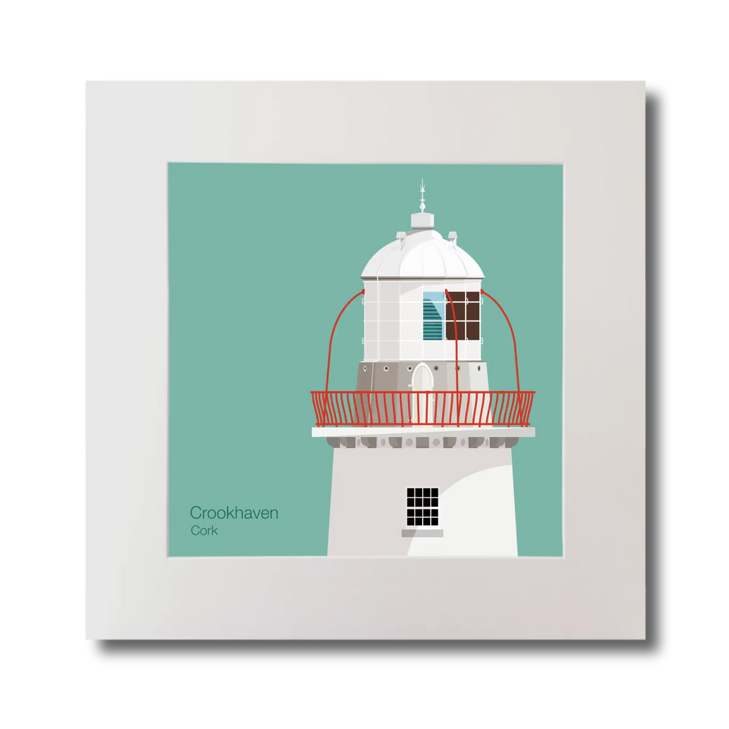 Illustration of Crookhaven lighthouse on an ocean green background, mounted and measuring 30x30cm.