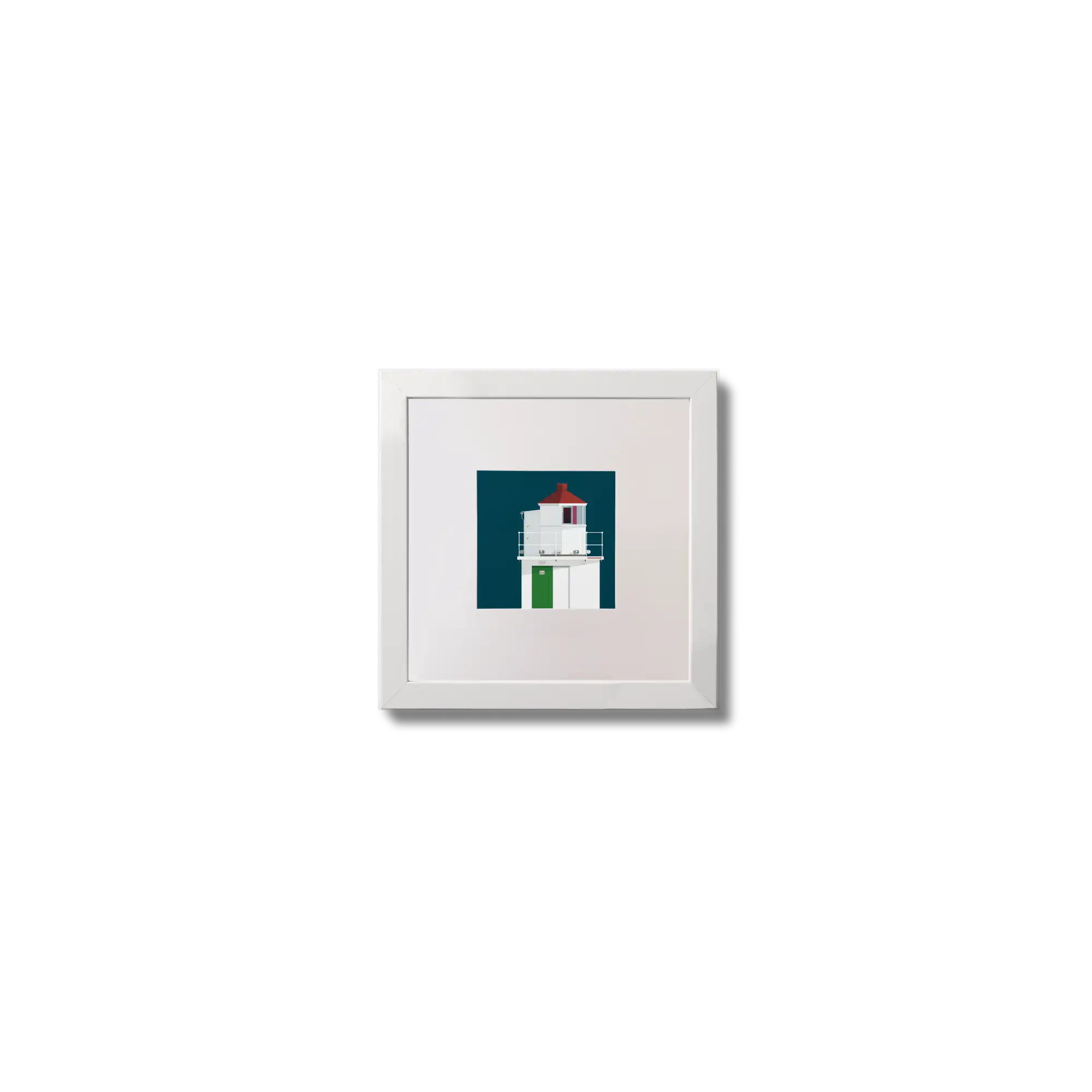 Illustration of Charles Fort lighthouse on a midnight blue background,  in a white square frame measuring 10x10cm.