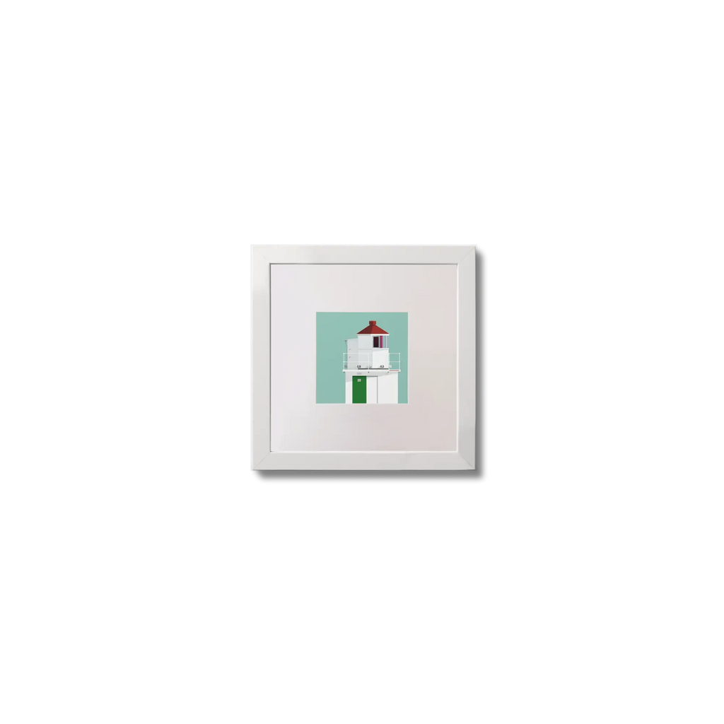 Illustration of Charles Fort lighthouse on an ocean green background,  in a white square frame measuring 10x10cm.