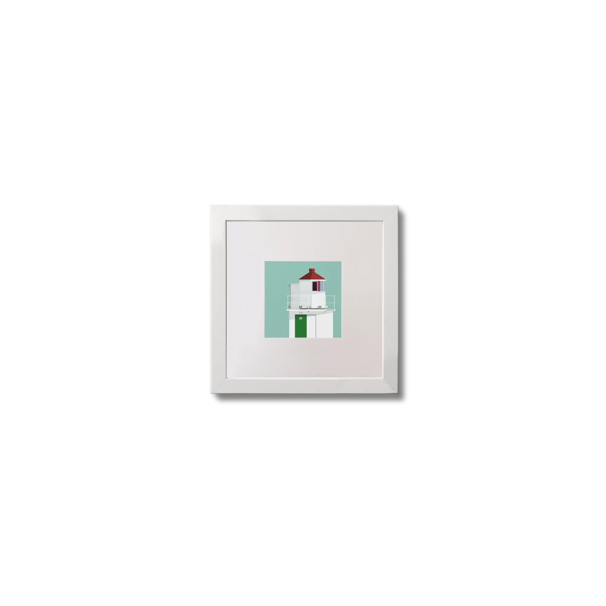 Illustration of Charles Fort lighthouse on an ocean green background,  in a white square frame measuring 10x10cm.