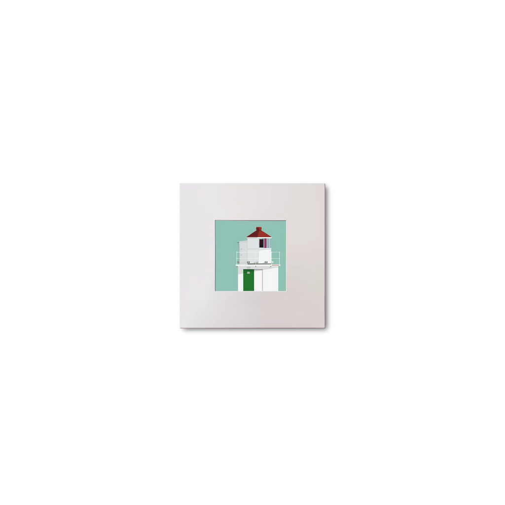 Illustration of Charles Fort lighthouse on an ocean green background, mounted and measuring 10x10cm.