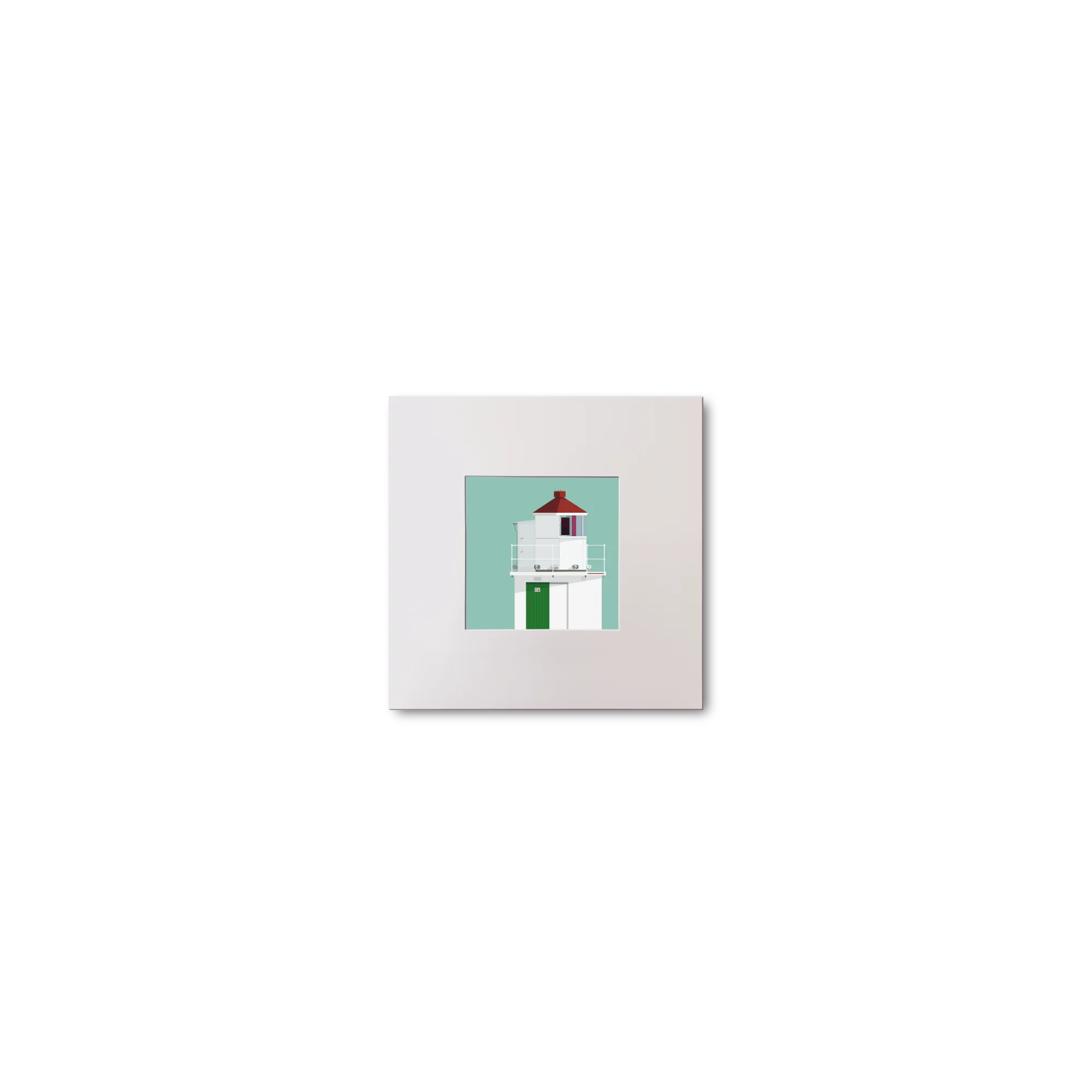 Illustration of Charles Fort lighthouse on an ocean green background, mounted and measuring 10x10cm.