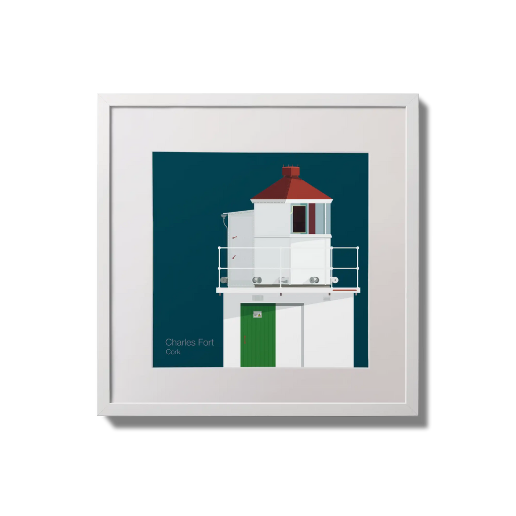 Illustration of Charles Fort lighthouse on a midnight blue background,  in a white square frame measuring 20x20cm.