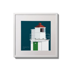 Illustration of Charles Fort lighthouse on a midnight blue background,  in a white square frame measuring 20x20cm.