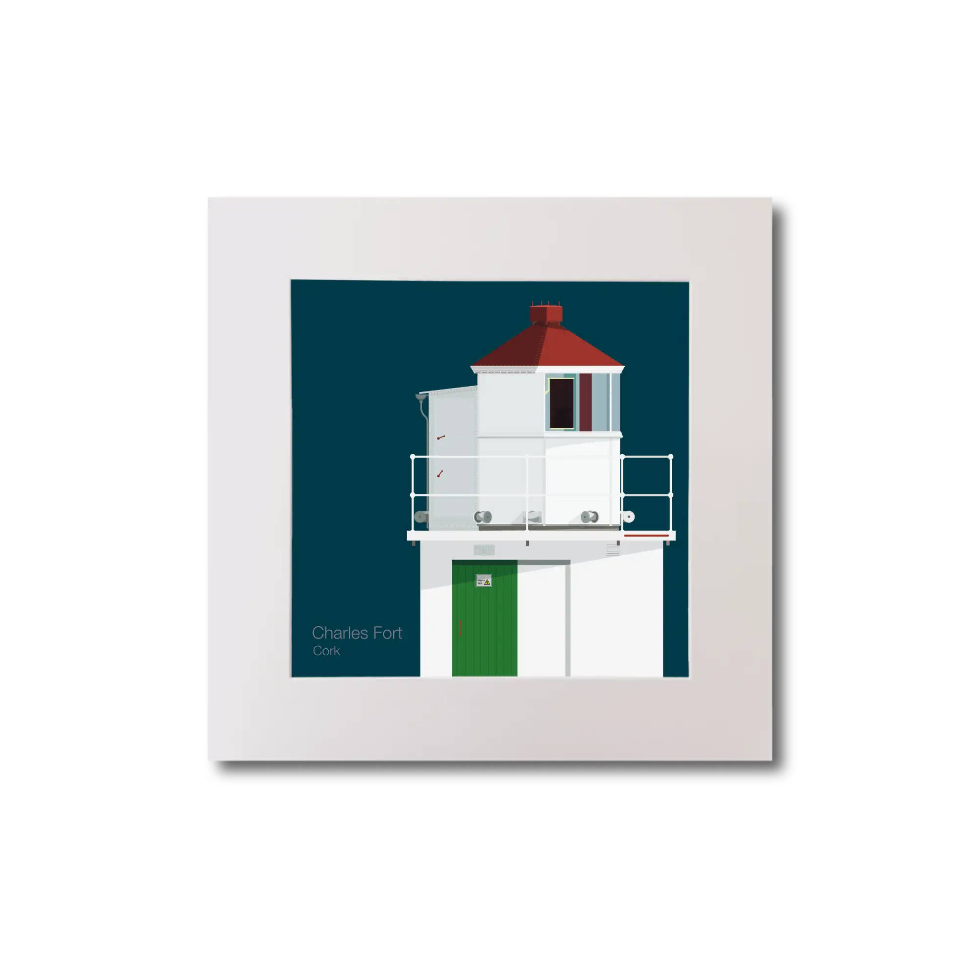 Illustration of Charles Fort lighthouse on a midnight blue background, mounted and measuring 20x20cm.