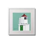 Illustration of Charles Fort lighthouse on an ocean green background,  in a white square frame measuring 20x20cm.