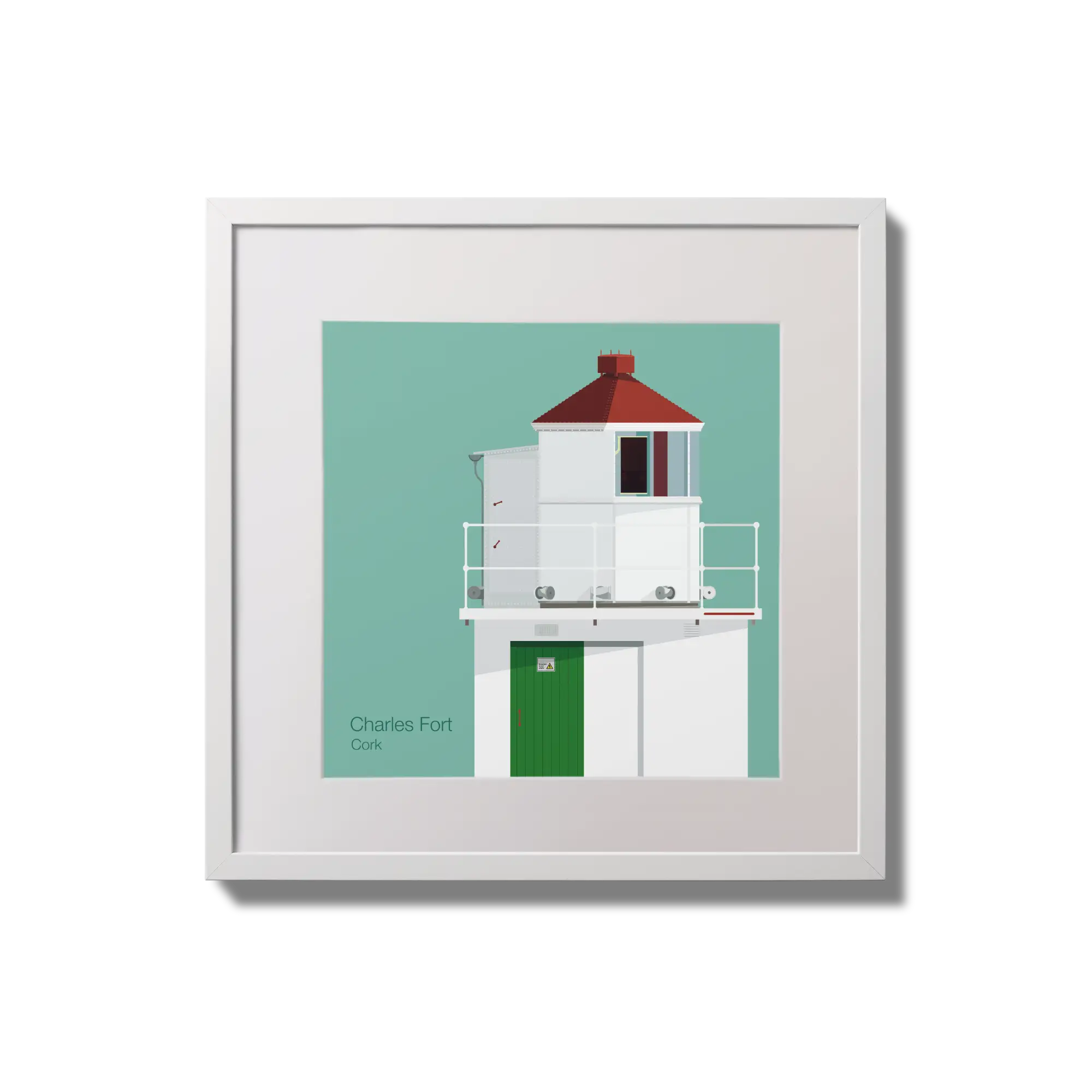 Illustration of Charles Fort lighthouse on an ocean green background,  in a white square frame measuring 20x20cm.