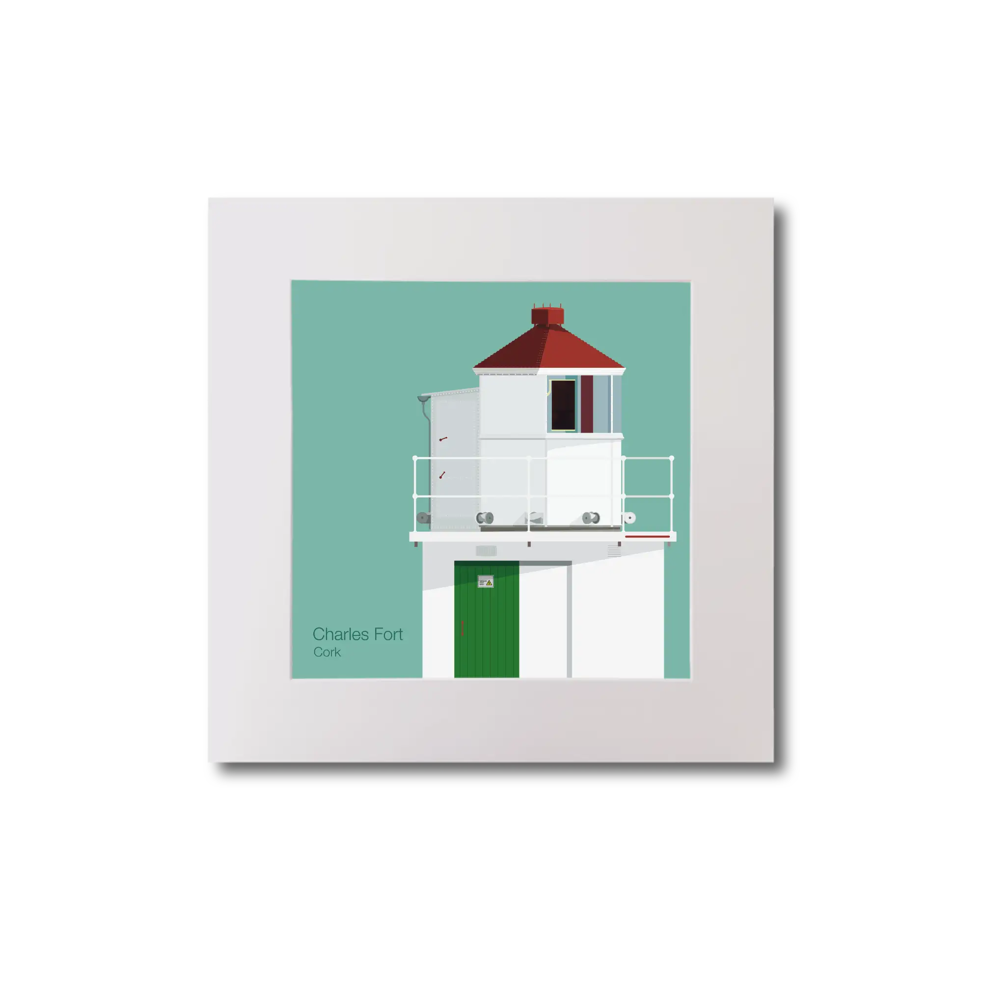 Illustration of Charles Fort lighthouse on an ocean green background, mounted and measuring 20x20cm.