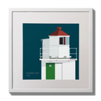 Illustration of Charles Fort lighthouse on a midnight blue background,  in a white square frame measuring 30x30cm.