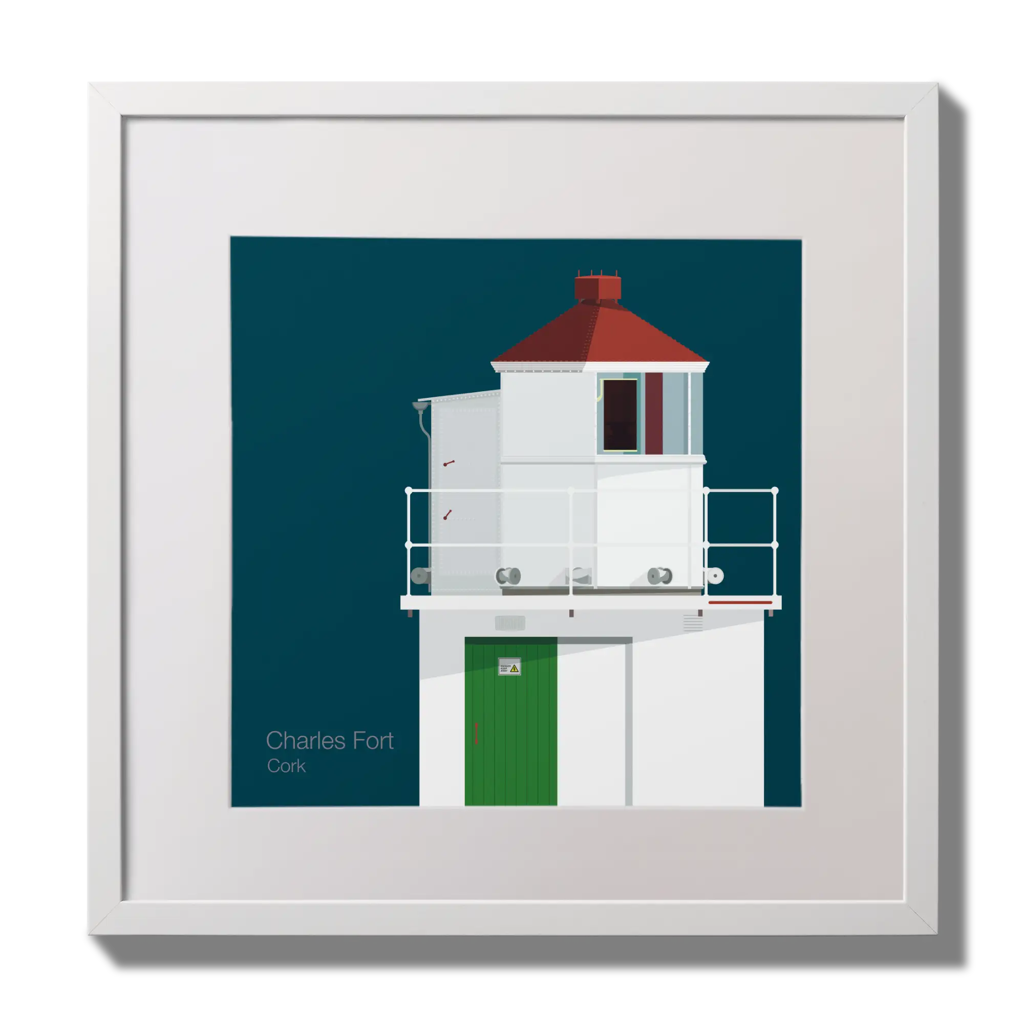 Illustration of Charles Fort lighthouse on a midnight blue background,  in a white square frame measuring 30x30cm.