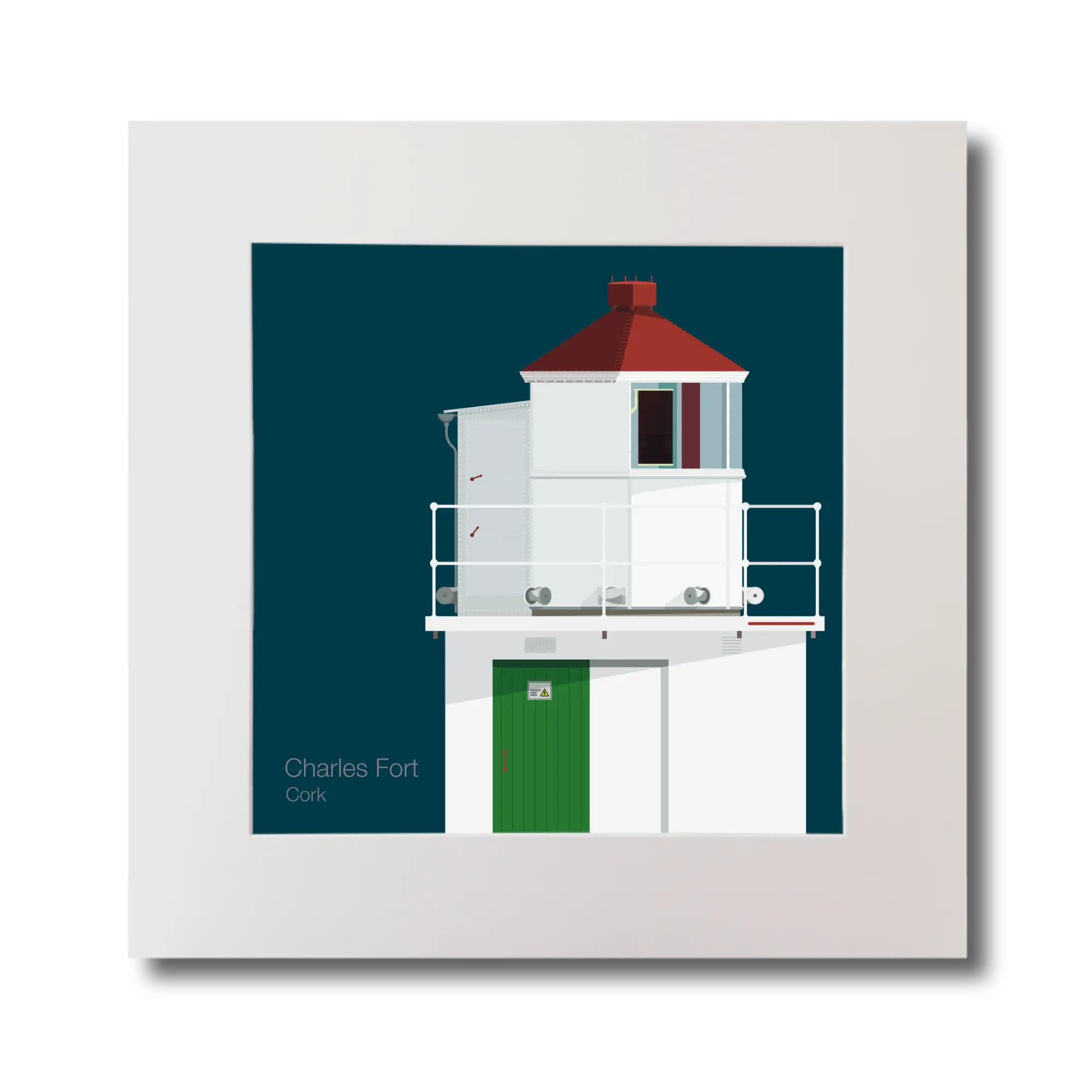 Illustration of Charles Fort lighthouse on a midnight blue background, mounted and measuring 30x30cm.