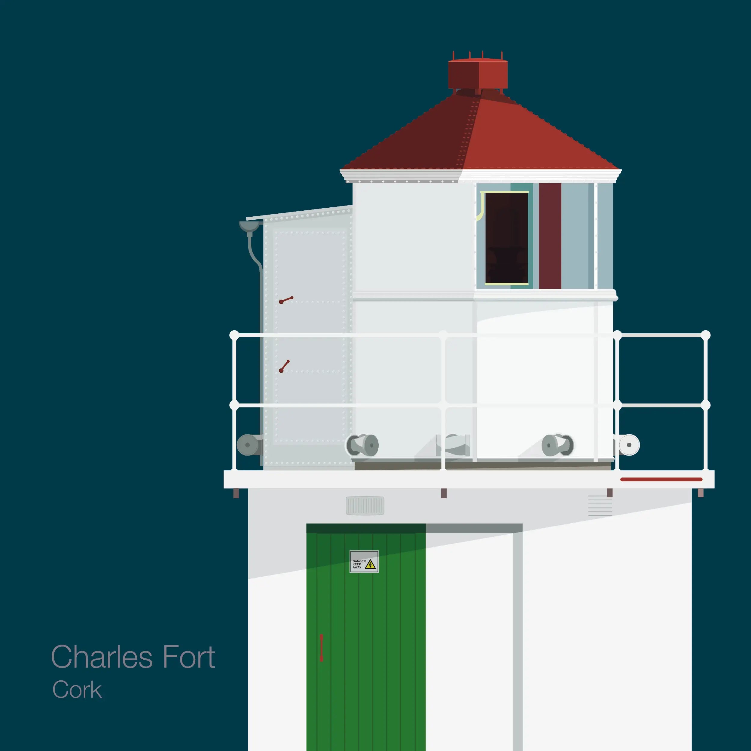 Illustration of Charles Fort lighthouse on a midnight blue background