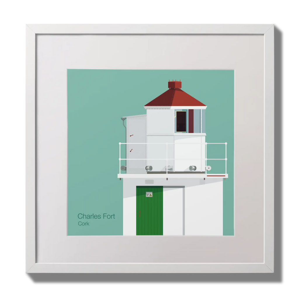 Illustration of Charles Fort lighthouse on an ocean green background,  in a white square frame measuring 30x30cm.