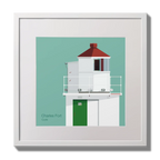 Illustration of Charles Fort lighthouse on an ocean green background,  in a white square frame measuring 30x30cm.