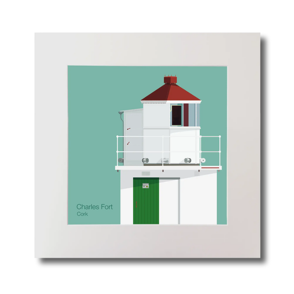 Illustration of Charles Fort lighthouse on an ocean green background, mounted and measuring 30x30cm.