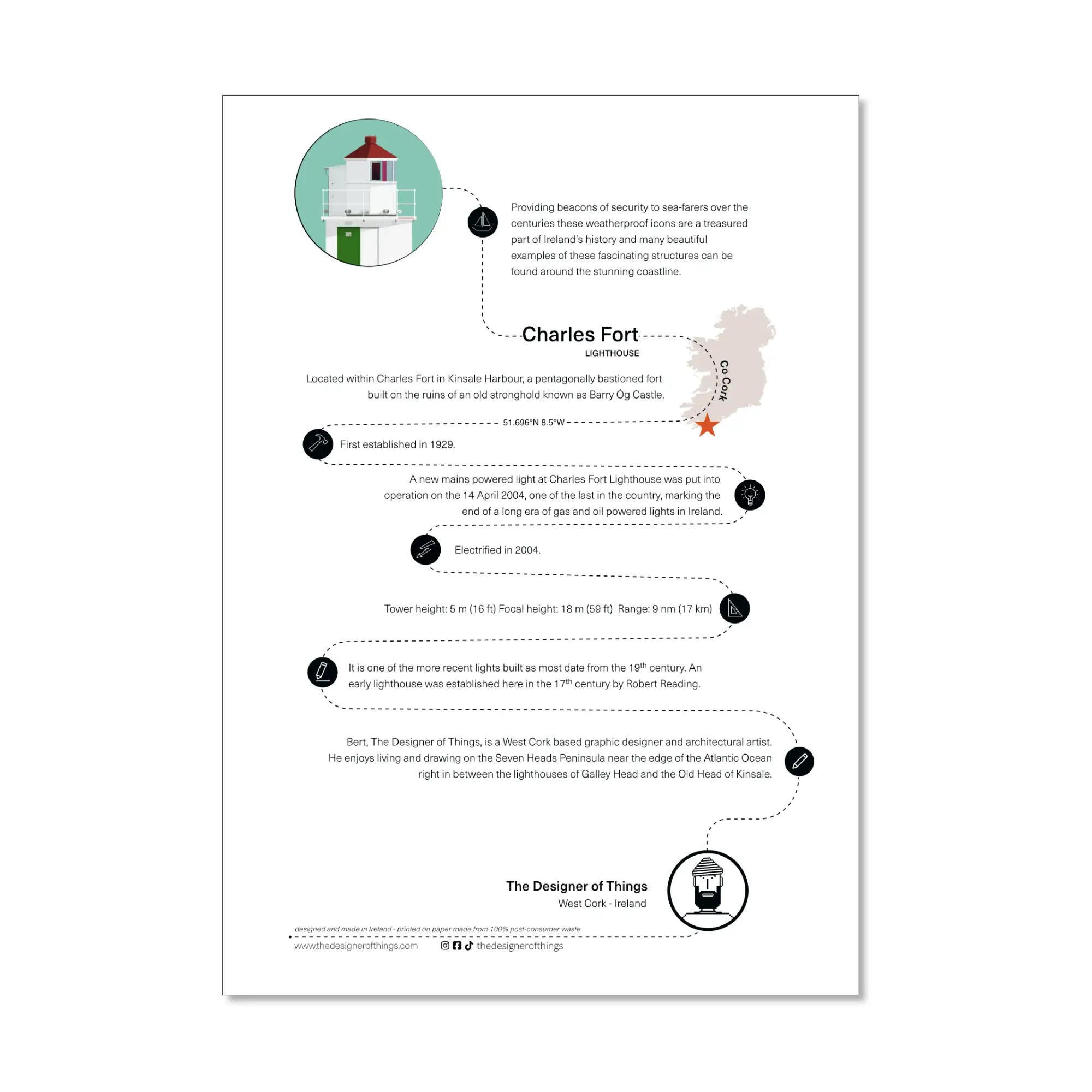 Charles Fort lighthouse, County Cork, Ireland info sheet