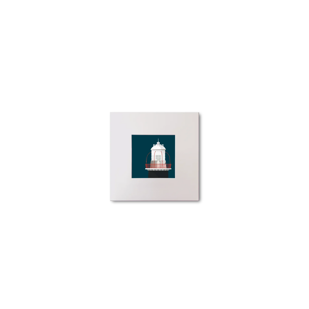 Illustration of Roancarrigmore lighthouse on a midnight blue background, mounted and measuring 10x10cm.