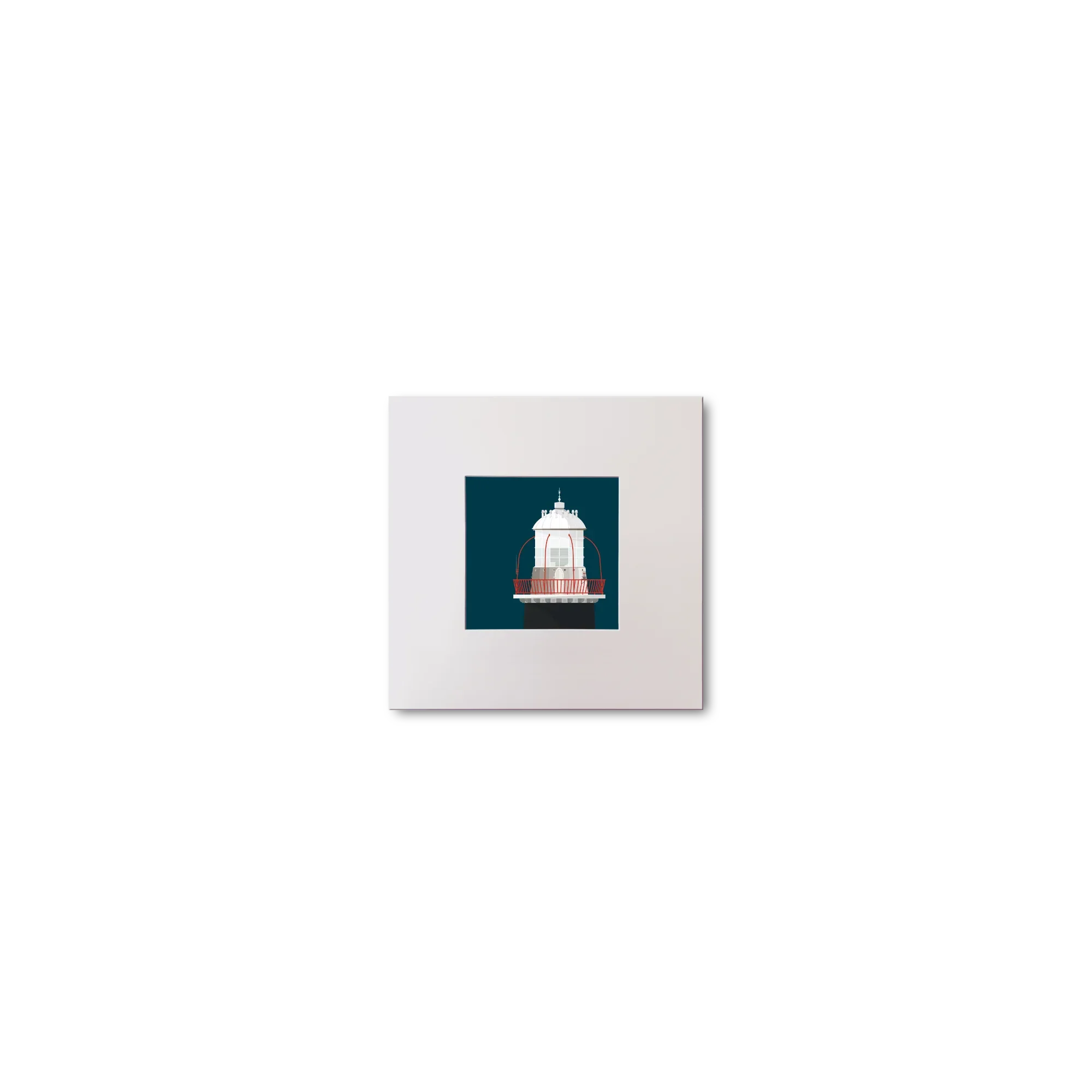 Illustration of Roancarrigmore lighthouse on a midnight blue background, mounted and measuring 10x10cm.