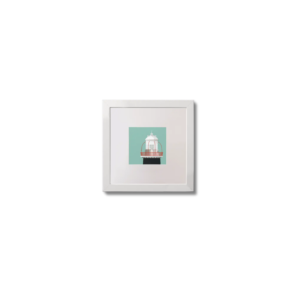 Illustration of Roancarrigmore lighthouse on an ocean green background,  in a white square frame measuring 10x10cm.