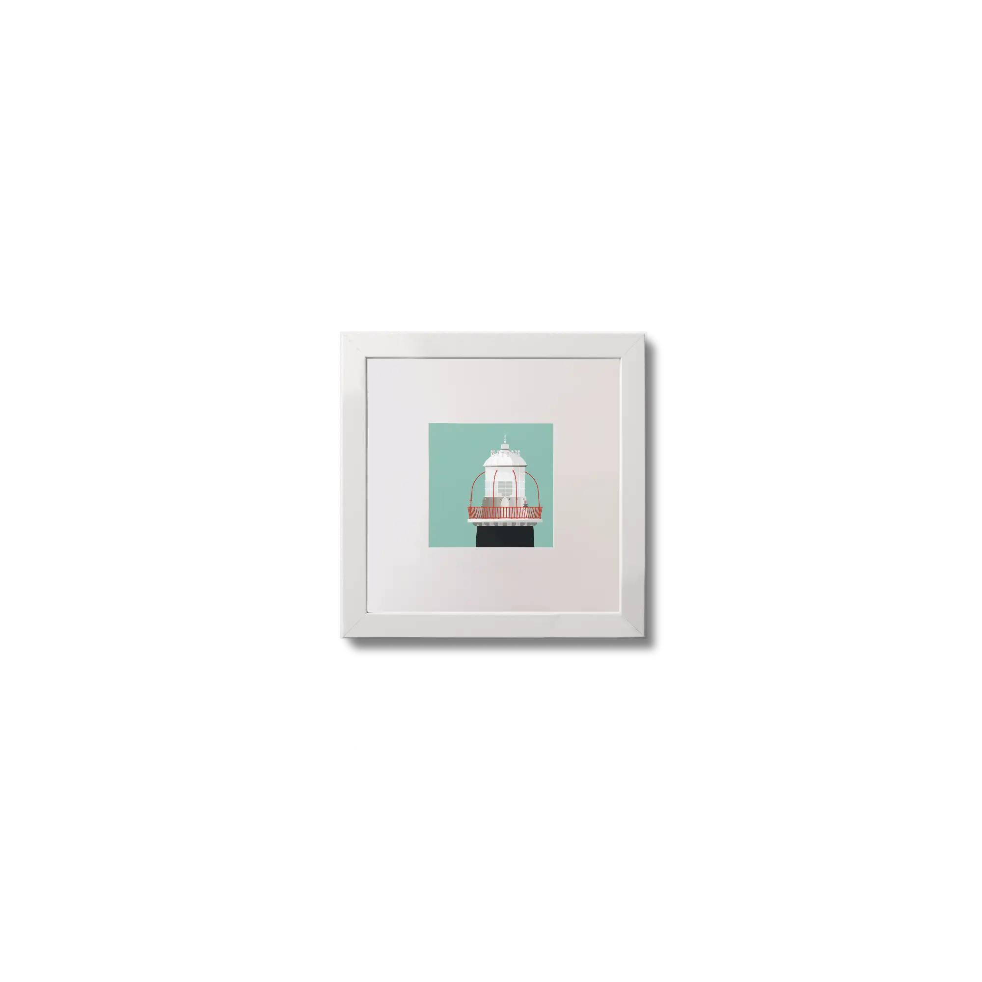 Illustration of Roancarrigmore lighthouse on an ocean green background,  in a white square frame measuring 10x10cm.