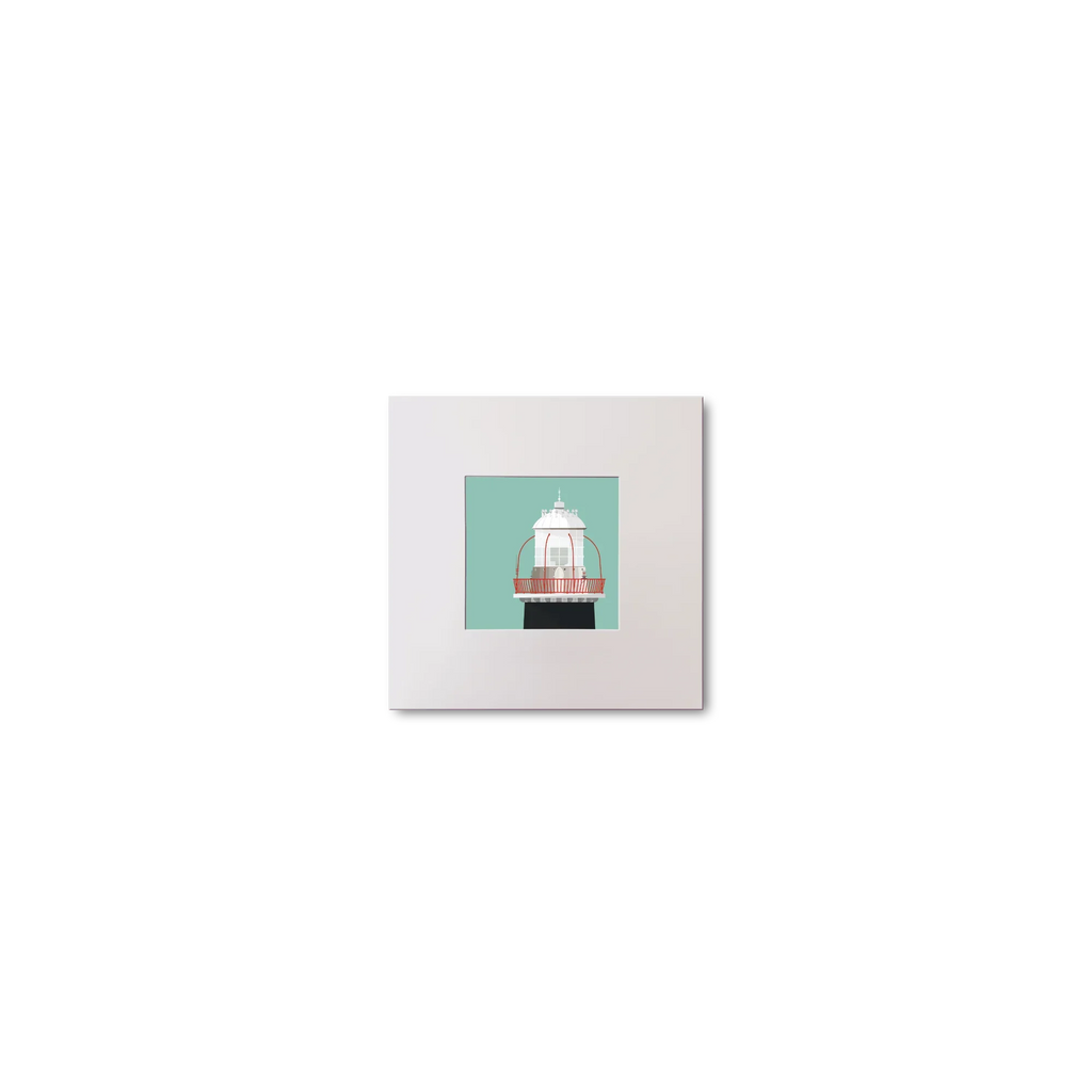 Illustration of Roancarrigmore lighthouse on an ocean green background, mounted and measuring 10x10cm.