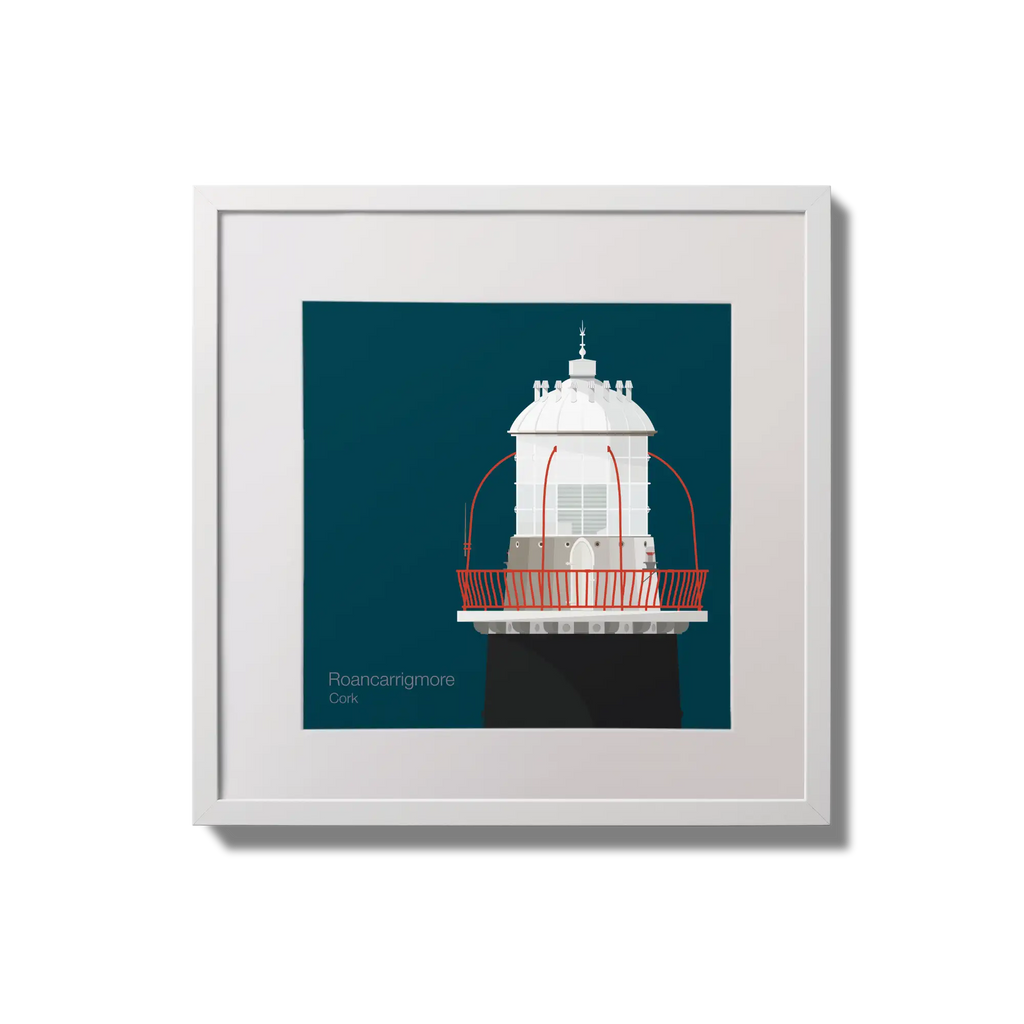 Illustration of Roancarrigmore lighthouse on a midnight blue background,  in a white square frame measuring 20x20cm.