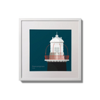 Illustration of Roancarrigmore lighthouse on a midnight blue background,  in a white square frame measuring 20x20cm.