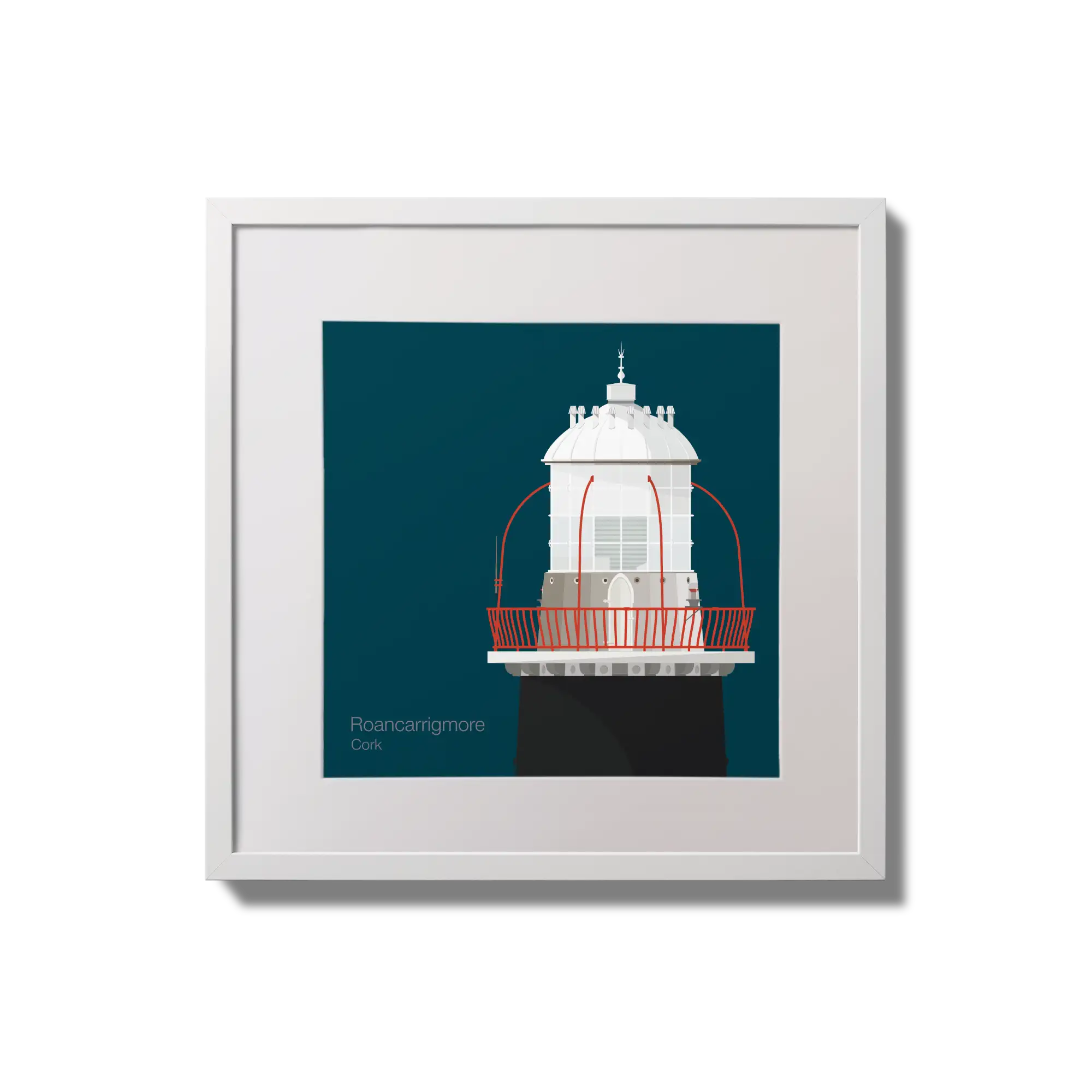 Illustration of Roancarrigmore lighthouse on a midnight blue background,  in a white square frame measuring 20x20cm.