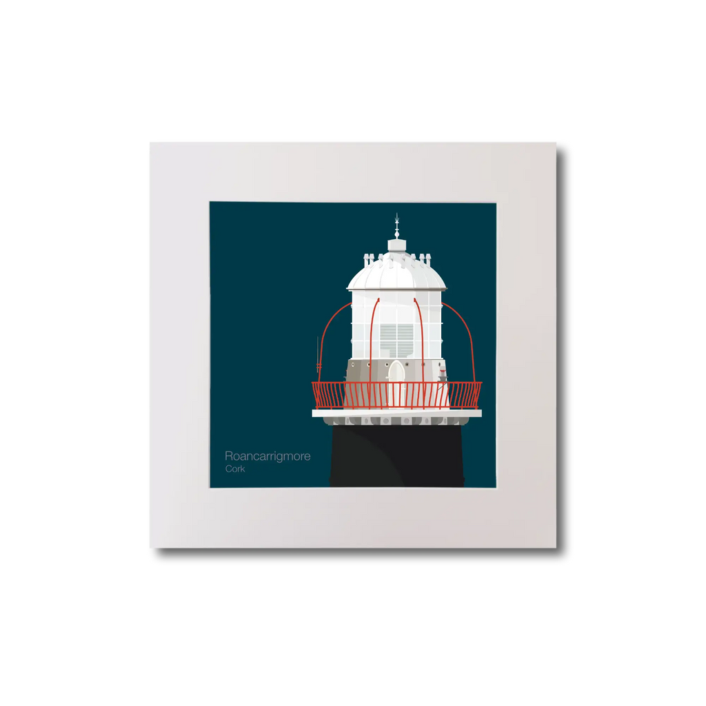 Illustration of Roancarrigmore lighthouse on a midnight blue background, mounted and measuring 20x20cm.