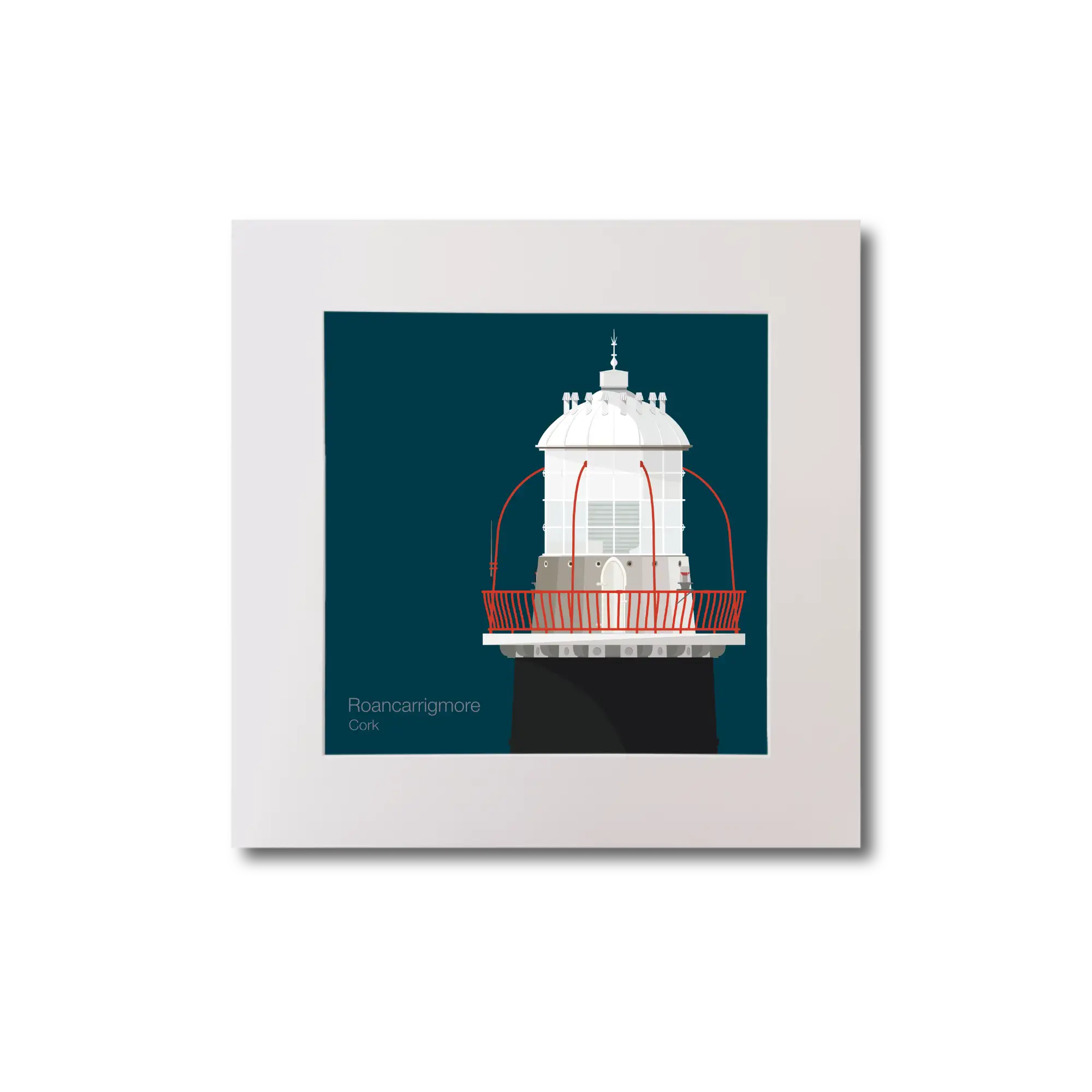 Illustration of Roancarrigmore lighthouse on a midnight blue background, mounted and measuring 20x20cm.