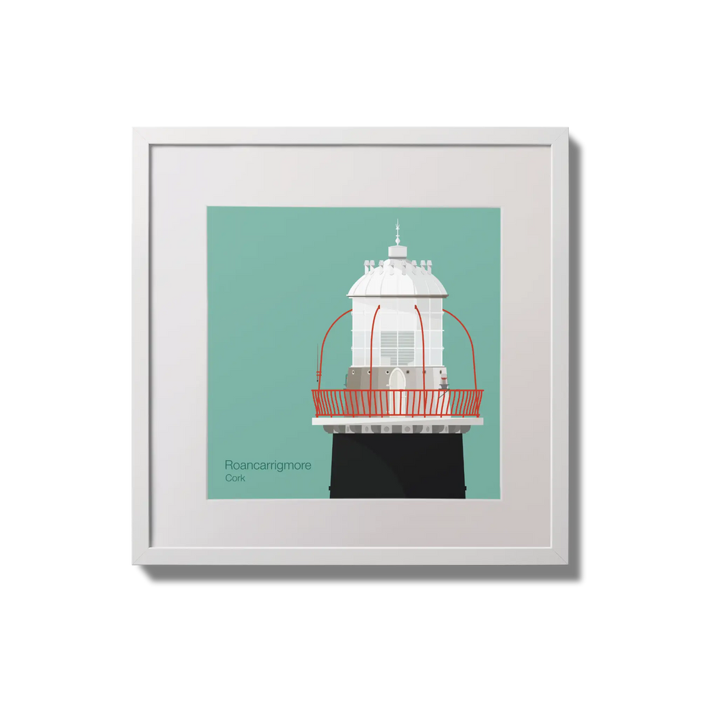 Illustration of Roancarrigmore lighthouse on an ocean green background,  in a white square frame measuring 20x20cm.